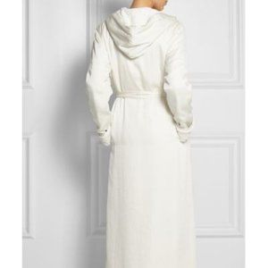 Donna Karan Long Hooded Robe in Faux-fur Lined Washed Satin (size medium)